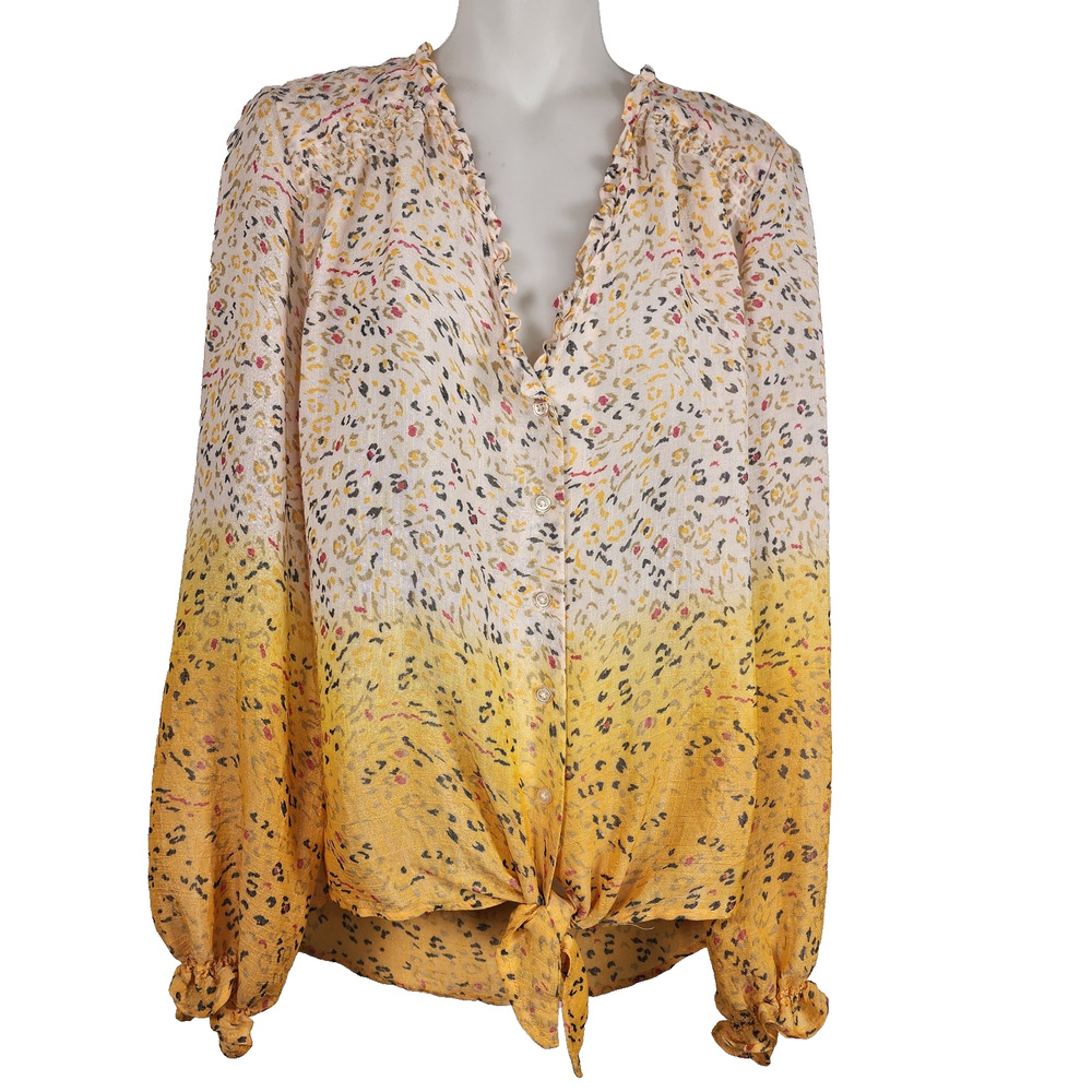 Zack & Rachel Tie Hem Top Ruffle V Neck Long Sleeve Button Yellow Ombre Print XL